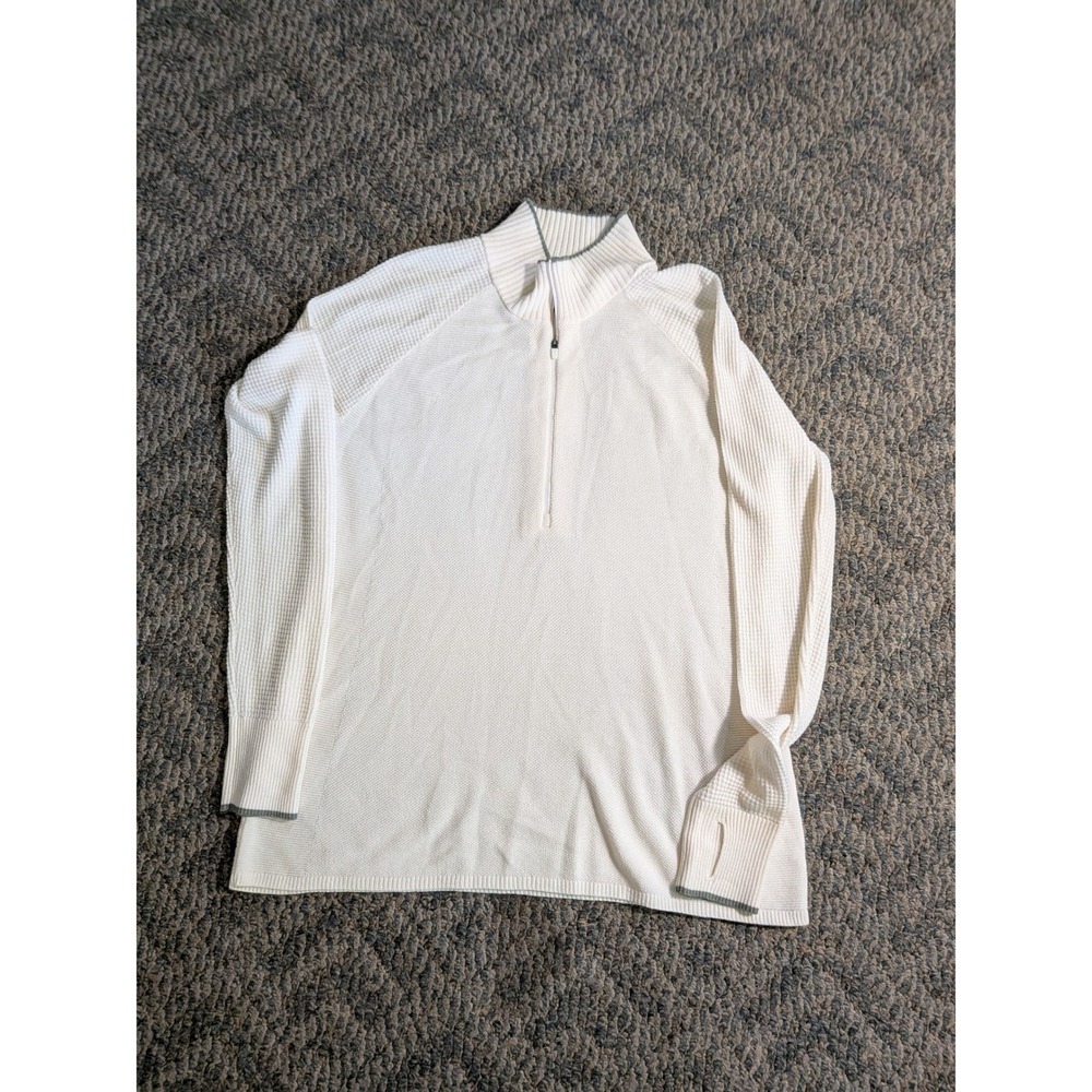 Eddie Bauer Women XL Cream Merino Wool Blend Waffle Knit Quarter Zip Pullover